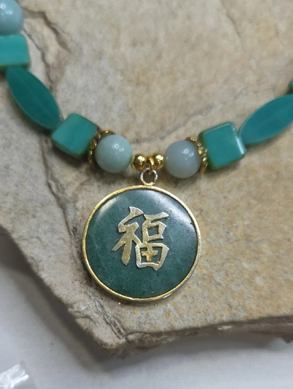 10K Solid Gold Aisan Jade Pendant On Amazonite & Glass Beads Necklace & Earring